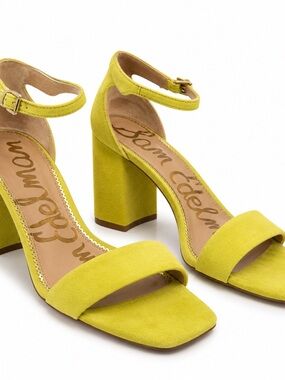Sam Edelman Daniella Citrus Lime Suede Block Heel Sandals Square Toe Ankle Strap